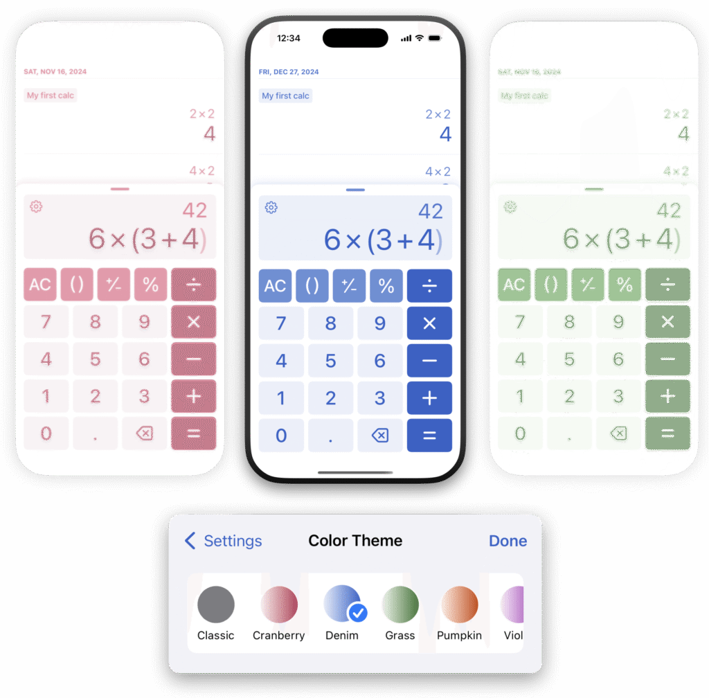 Three Dash Calc screens, from left to right: Cranberry in light mode, violet in dark mode, denim in light mode, and denim in light mode.