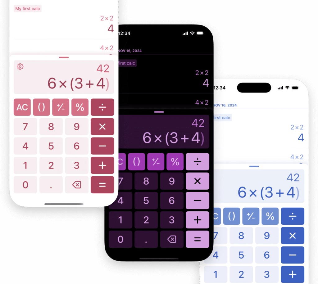 Three Dash Calc screens, from left to right: Cranberry in light mode, violet in dark mode, denim in light mode, and denim in light mode.