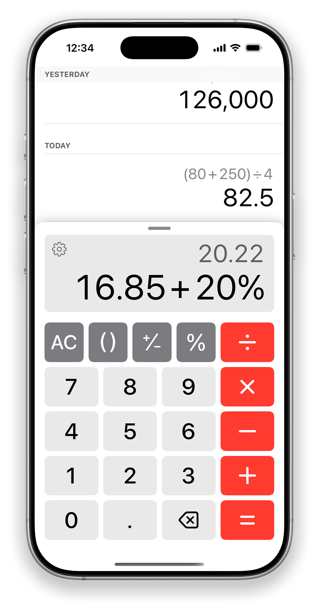 Dash Calc iPhone app showing "16.85 + 20% = 20.22" calculation. Previous results visible: "126,000" and "(80 + 250) ÷ 4 = 82.5." White interface with red, dark, and light gray keypad buttons.