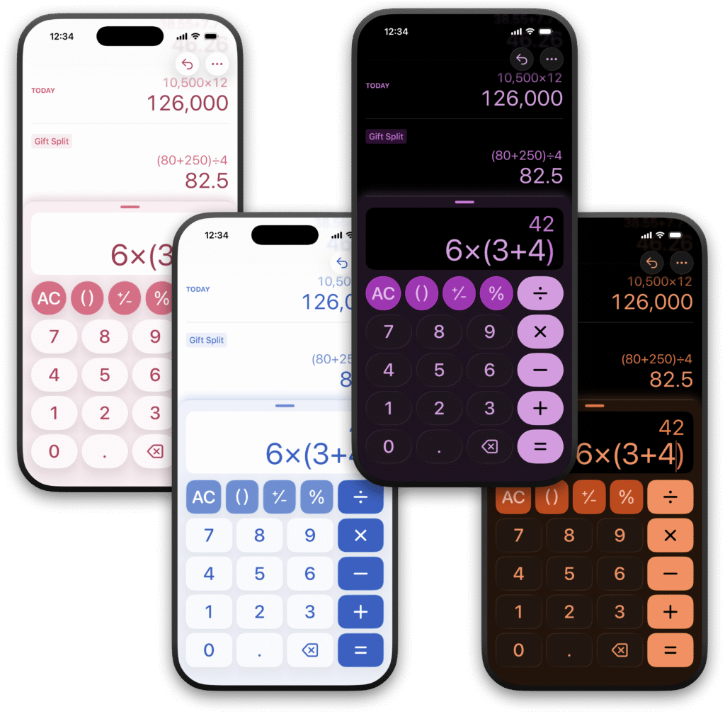 Dash Calc in four different color themes from left to right: Cranberry in light mode with round buttons, Denim in light mode with square buttons, Violet in dark mode with round buttons, and Pumpkin in dark mode with square buttons.