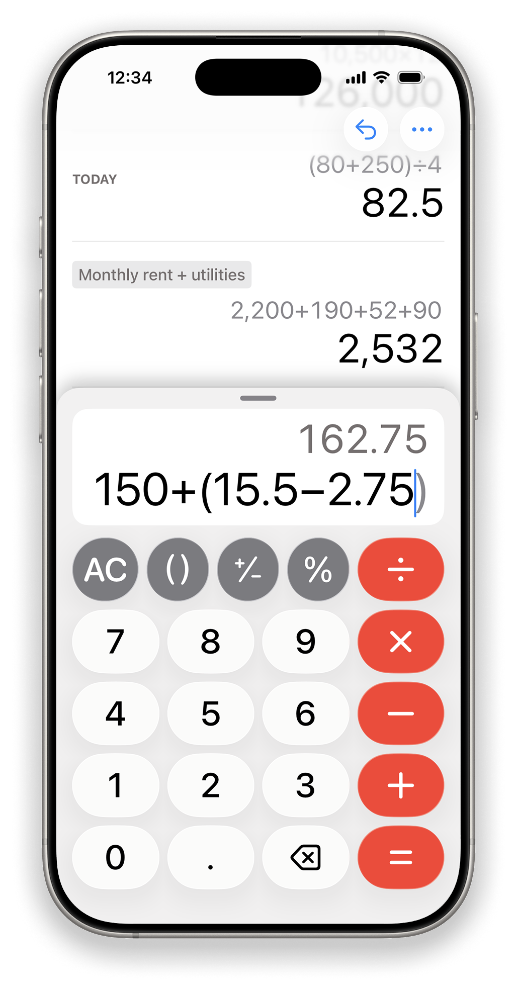 Dash Calc app in light mode on an iPhone. The current expression shown is 150×(15.5−2.75) with a result of 1,912.5. Above it in history are two previous calculations: (80+250)÷4 with a result of 82.5, and 2,200+190+52+90 with a result of 2,532, labeled “Monthly rent + utilities.” The app has a white background and the keypad has red, white, and medium gray buttons.